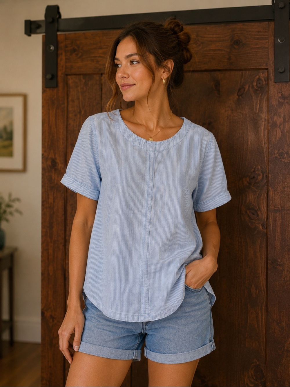 Coastal Blue Stripe Linen Blend Minimalist Summer Blouse Medium